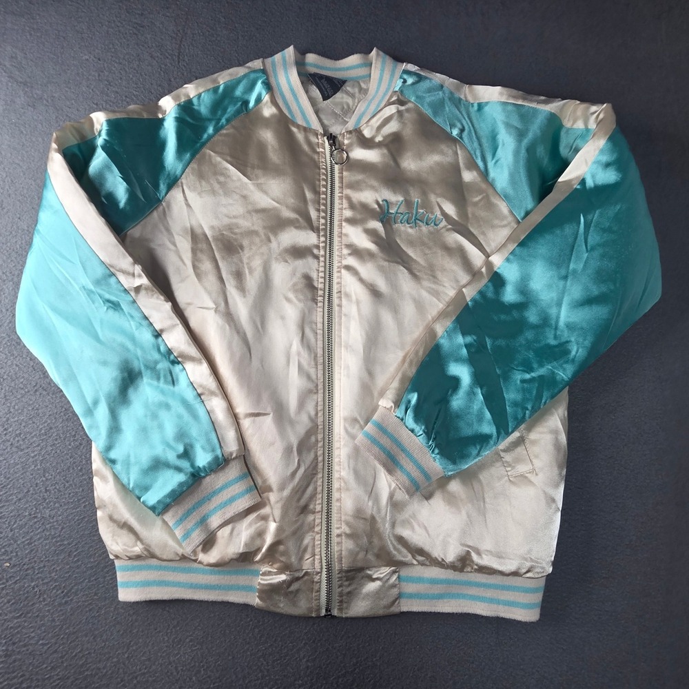 Her Universe Spirited Away Haku Dragon Satin Souvenir Bomber Jacket Teal Cream